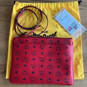 MCM Red Leather Clutch with Strap NWT